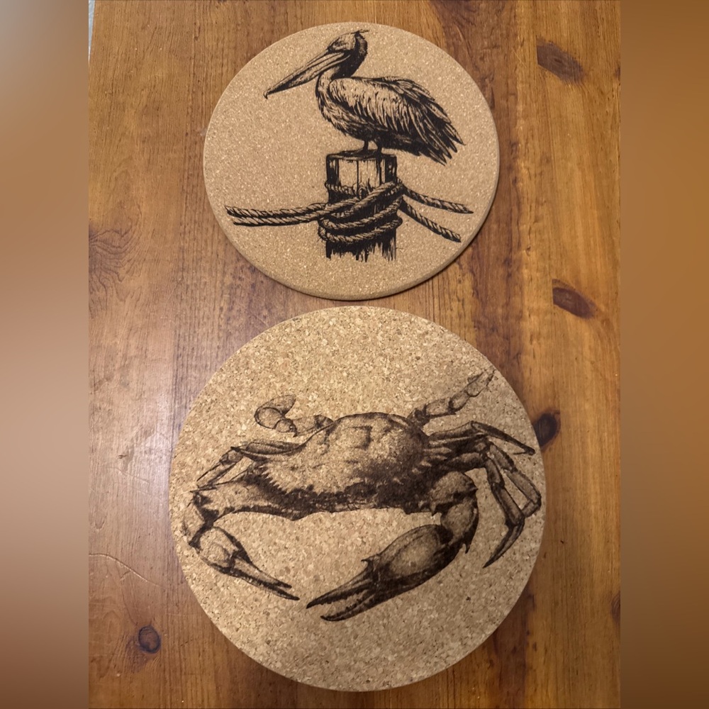 Set of 2 Coastal Cork Trivets Crab 9” Pelican 8” Nautical Beach‎ And Decoration - Picture 3 of 6